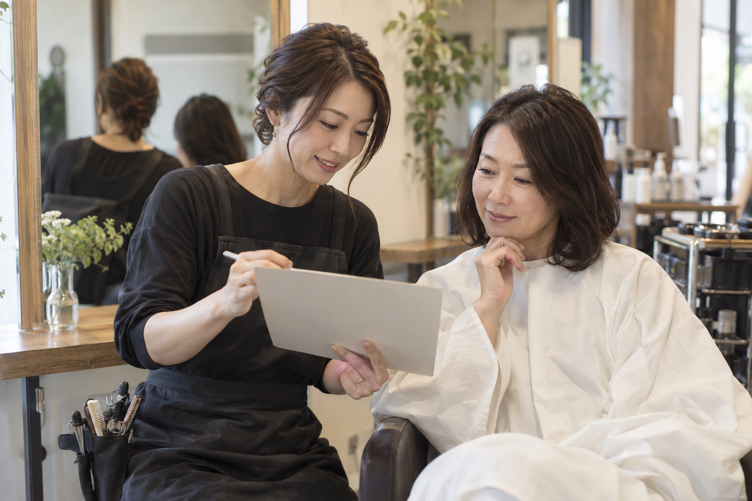 美容サロンで来店客の希望を確認する日本人スタッフ