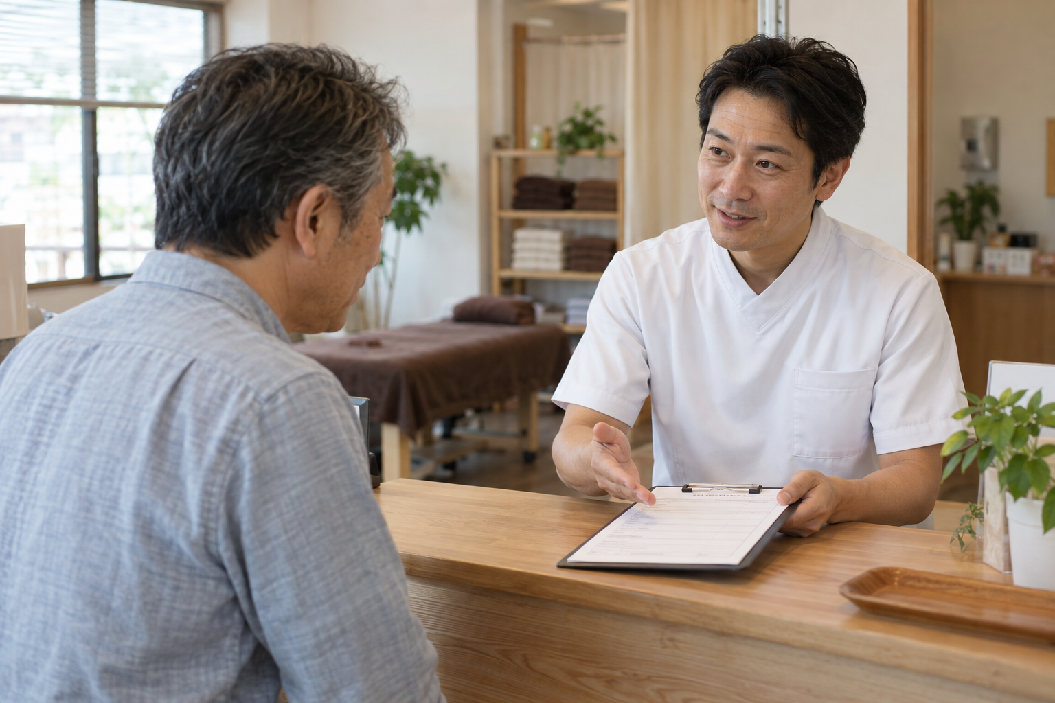 治療院の受付で来店前の確認事項を説明する日本人スタッフ