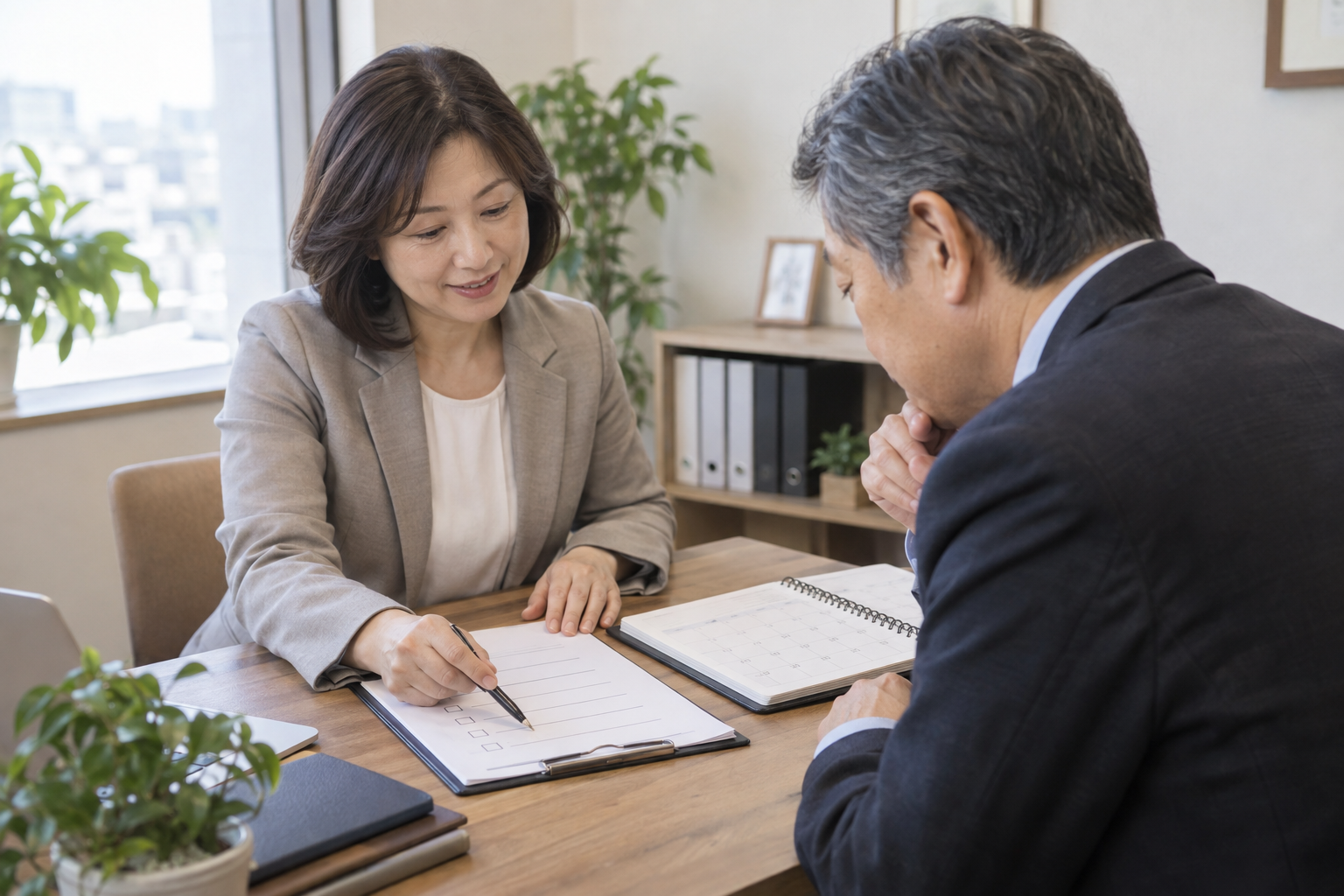 個別相談後の次の手続きを顧客と確認する日本人担当者