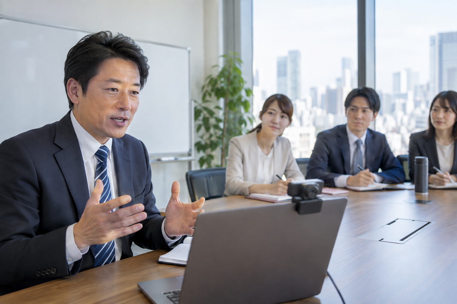 会議室からオンライン説明会を進行する日本人研修担当者