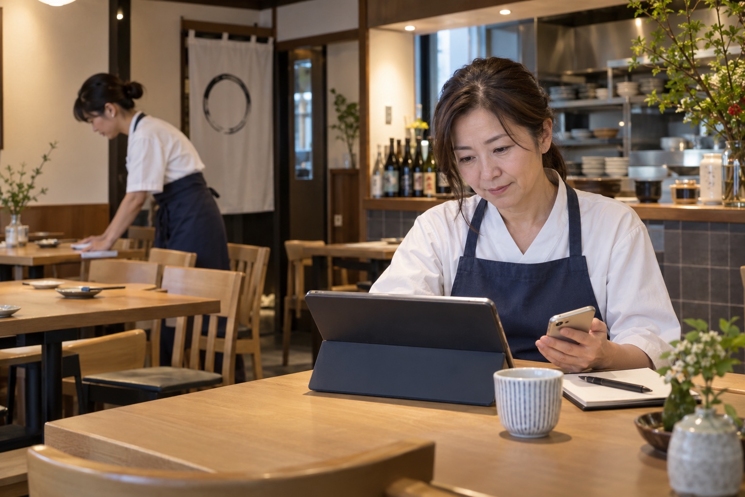 営業後にタブレットで予約と顧客情報を確認する日本人飲食店オーナー