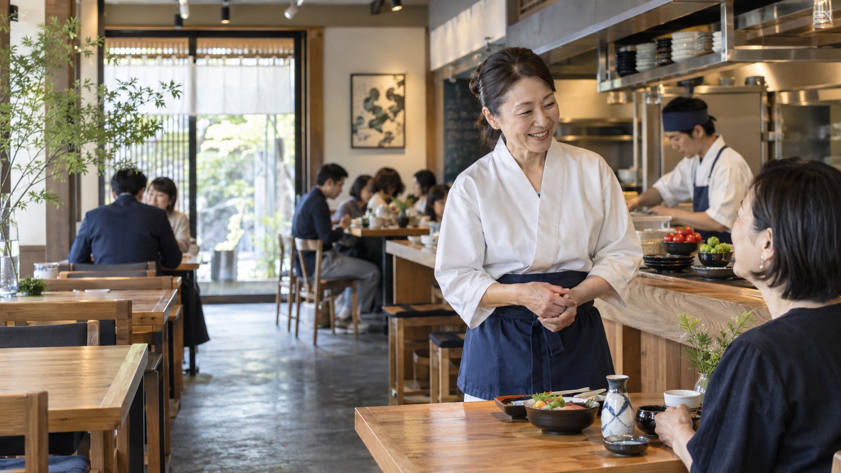 店内で常連客に声をかける日本人飲食店オーナー