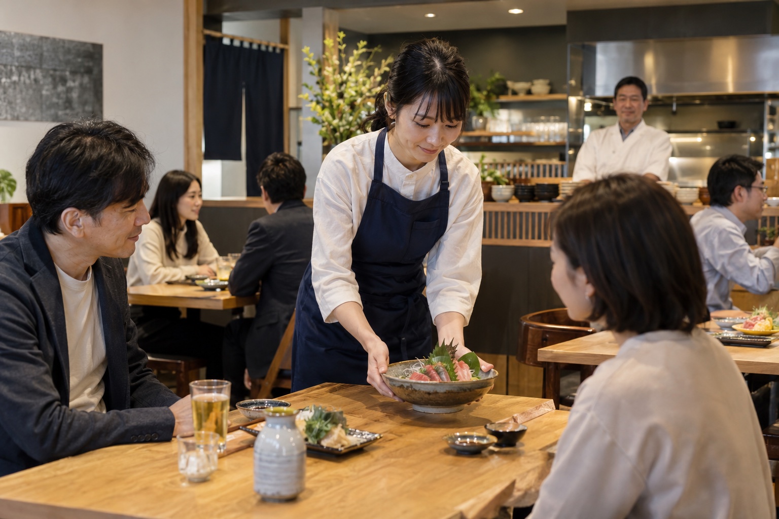 料理を席へ運ぶ日本人飲食店スタッフ