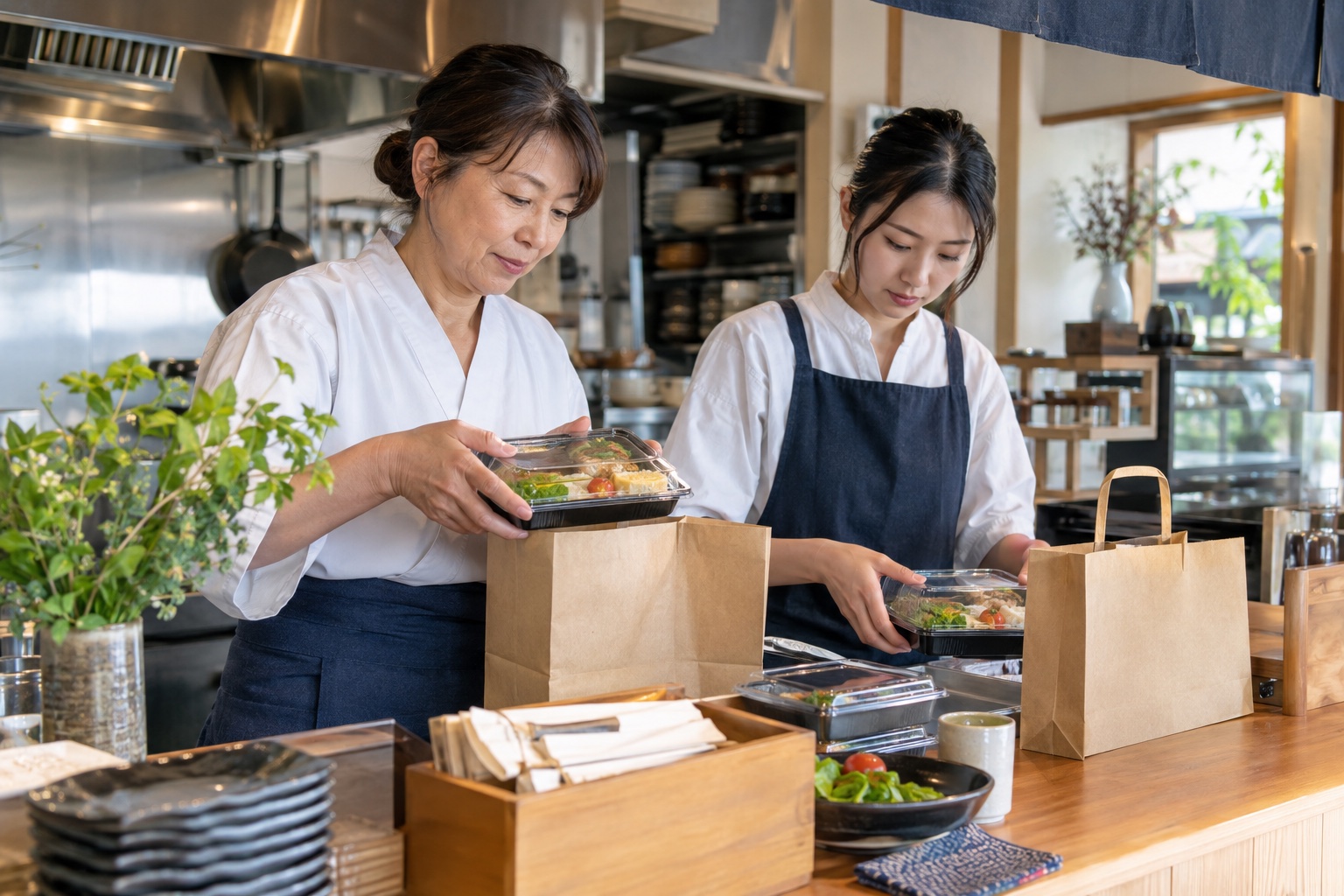 テイクアウト料理を袋詰めする日本人飲食店スタッフ