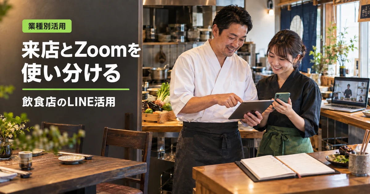 飲食店スタッフが店舗予約とZoomイベントのLINE案内を準備する場面