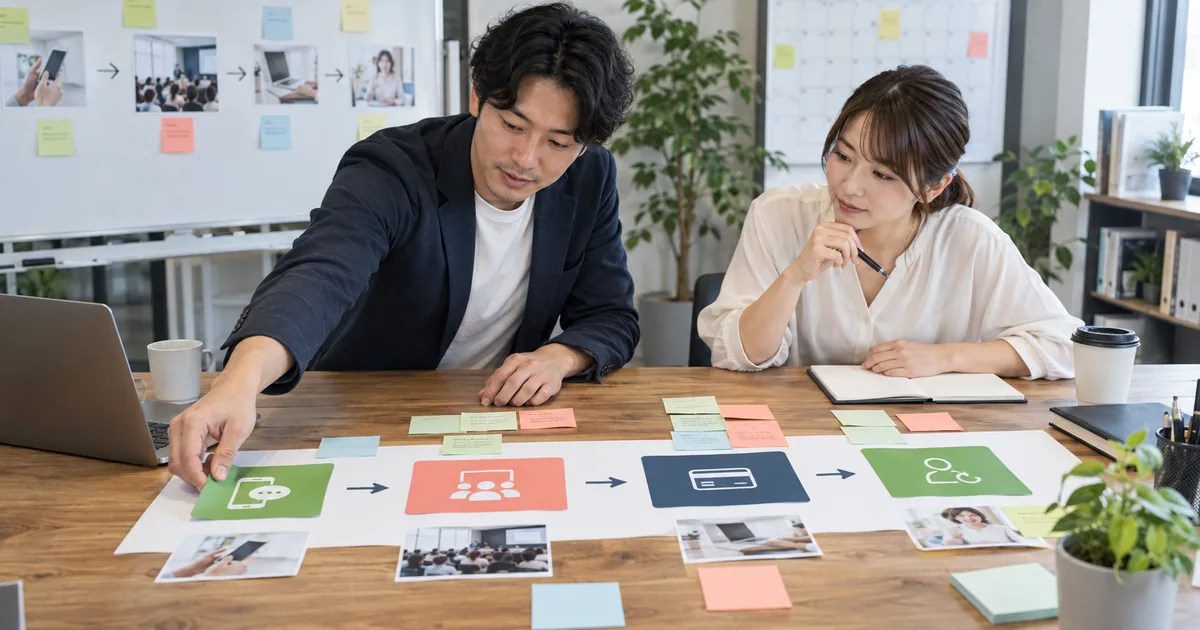 集客から販売までの工程をホワイトボードで比較する担当者